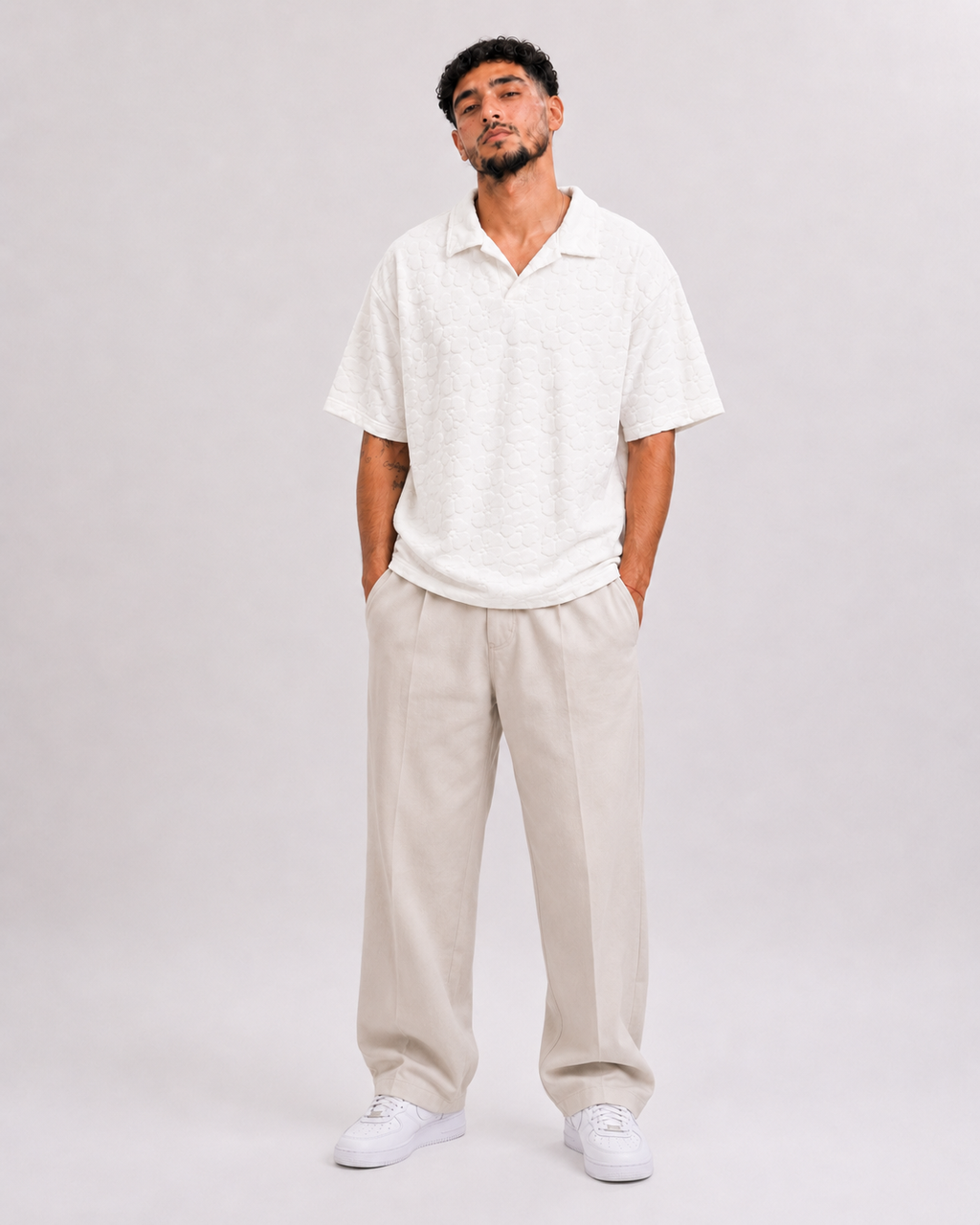 Polo Texturé Blanc Col Ouvert