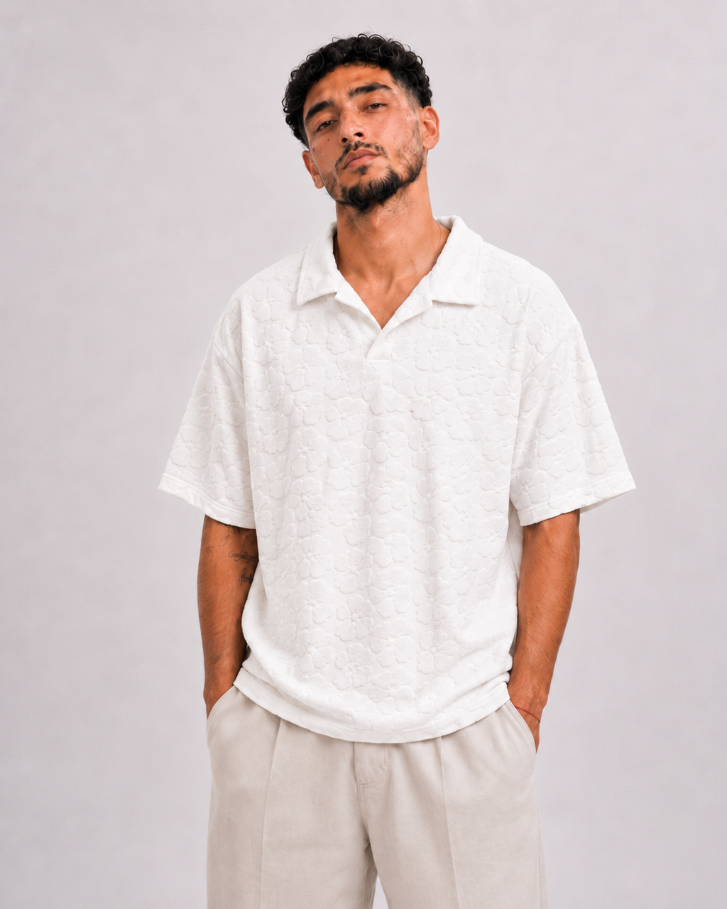 Polo Texturé Blanc Col Ouvert