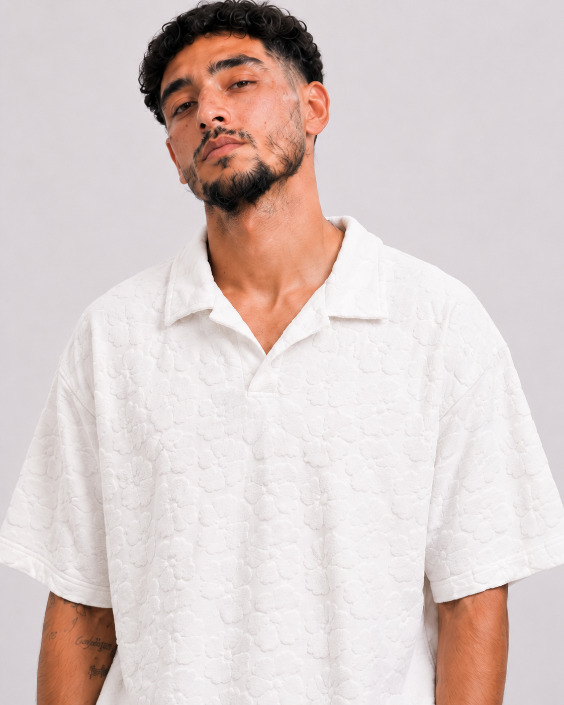 Polo Texturé Blanc Col Ouvert