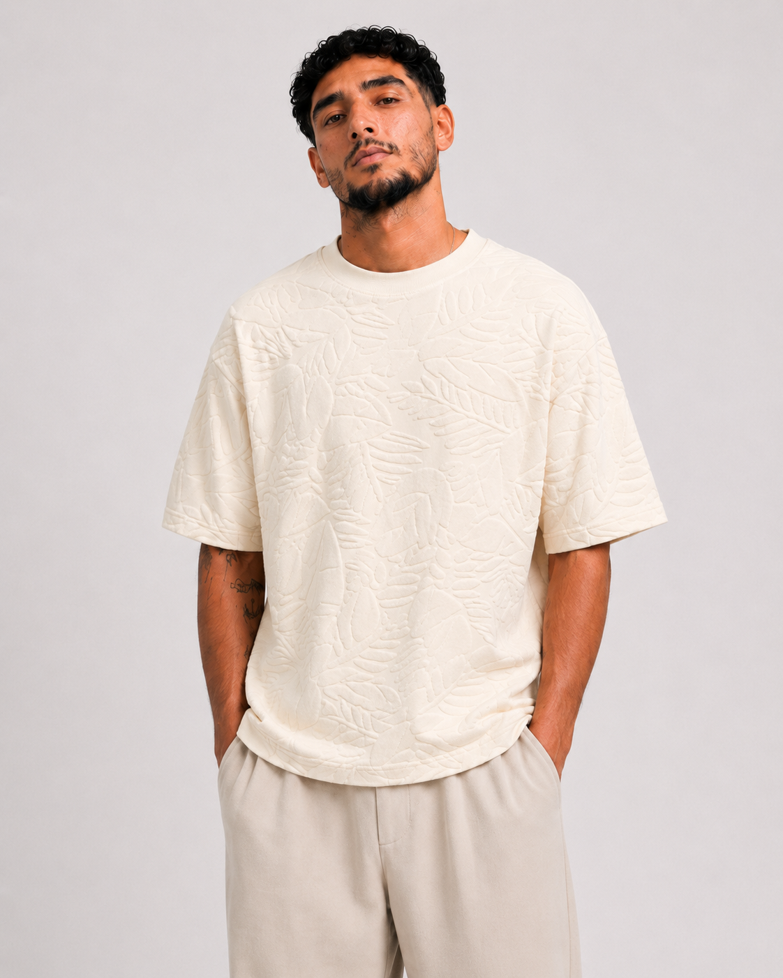 T-shirt Oversize Feuillage Relief Crème