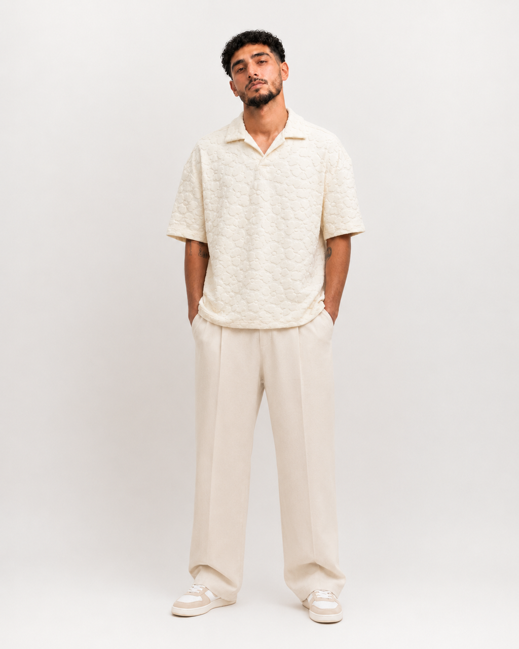 Polo Texturé Crème Col Ouvert