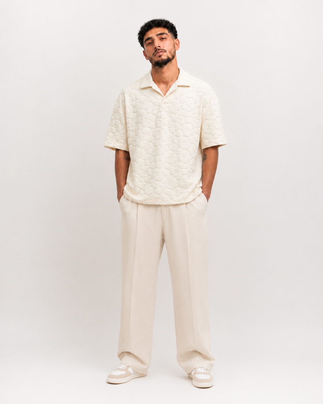 Polo Texturé Crème Col Ouvert