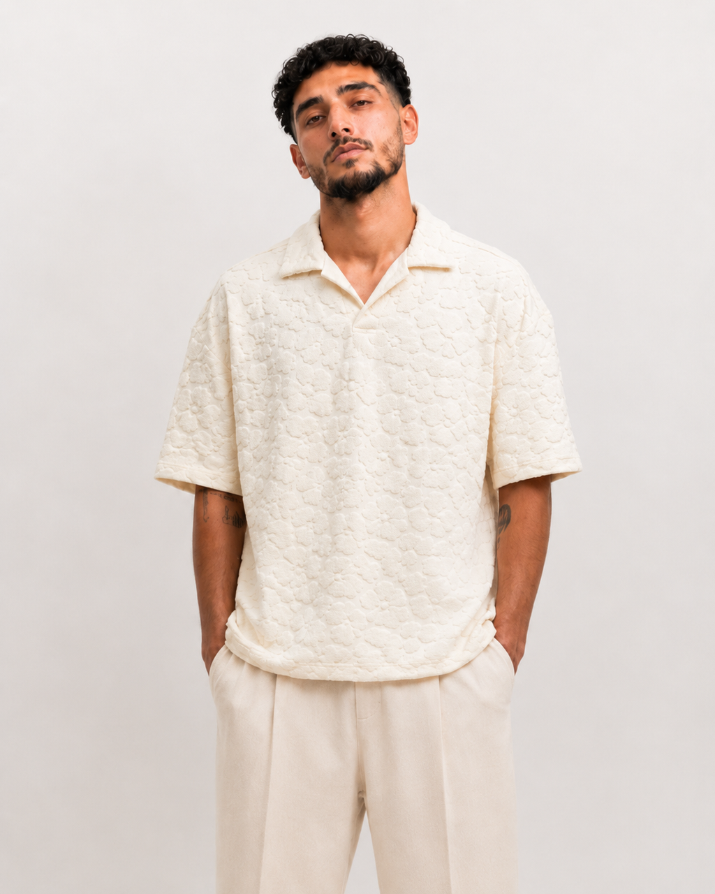 Polo Texturé Crème Col Ouvert
