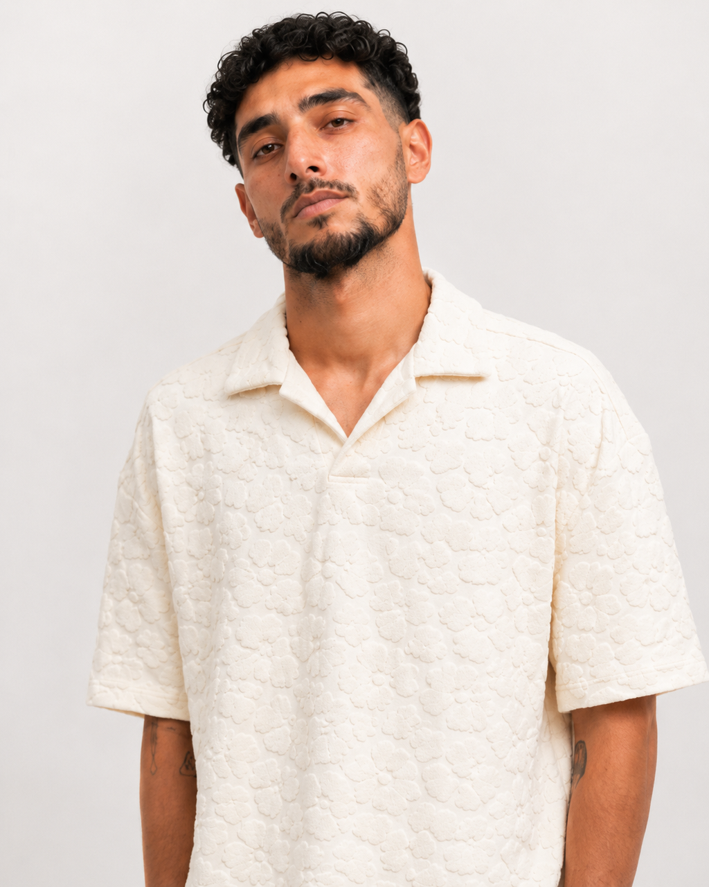 Polo Texturé Crème Col Ouvert