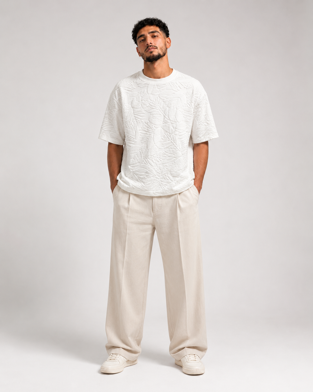 T-shirt Oversize Feuillage Relief Blanc Cassé