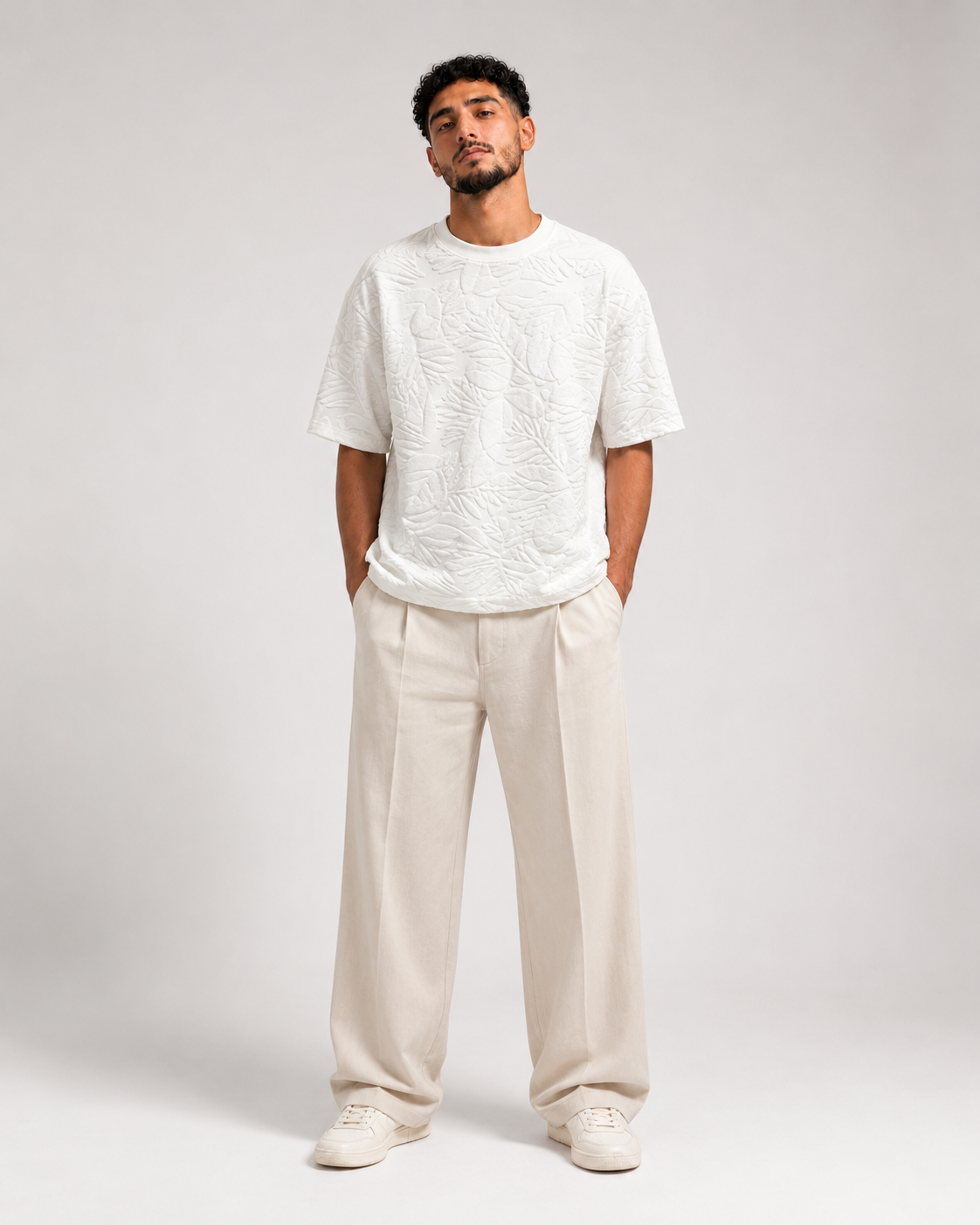 T-shirt Oversize Feuillage Relief Blanc Cassé