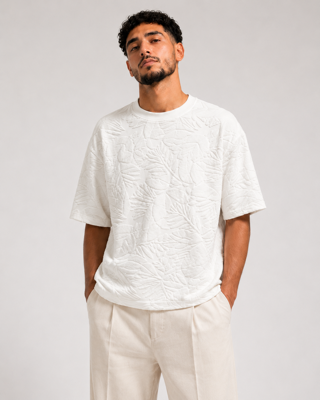 T-shirt Oversize Feuillage Relief Blanc Cassé