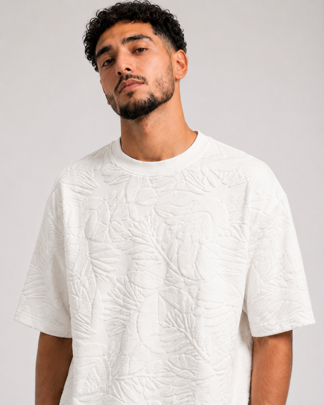 T-shirt Oversize Feuillage Relief Blanc Cassé