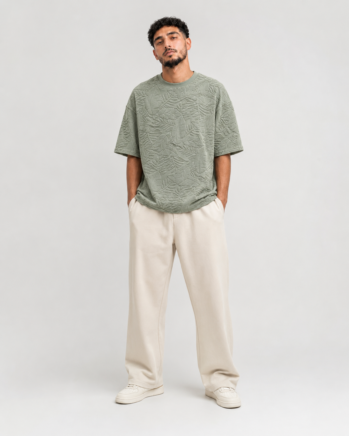 T-shirt Oversize Feuillage Relief Vert Sauge