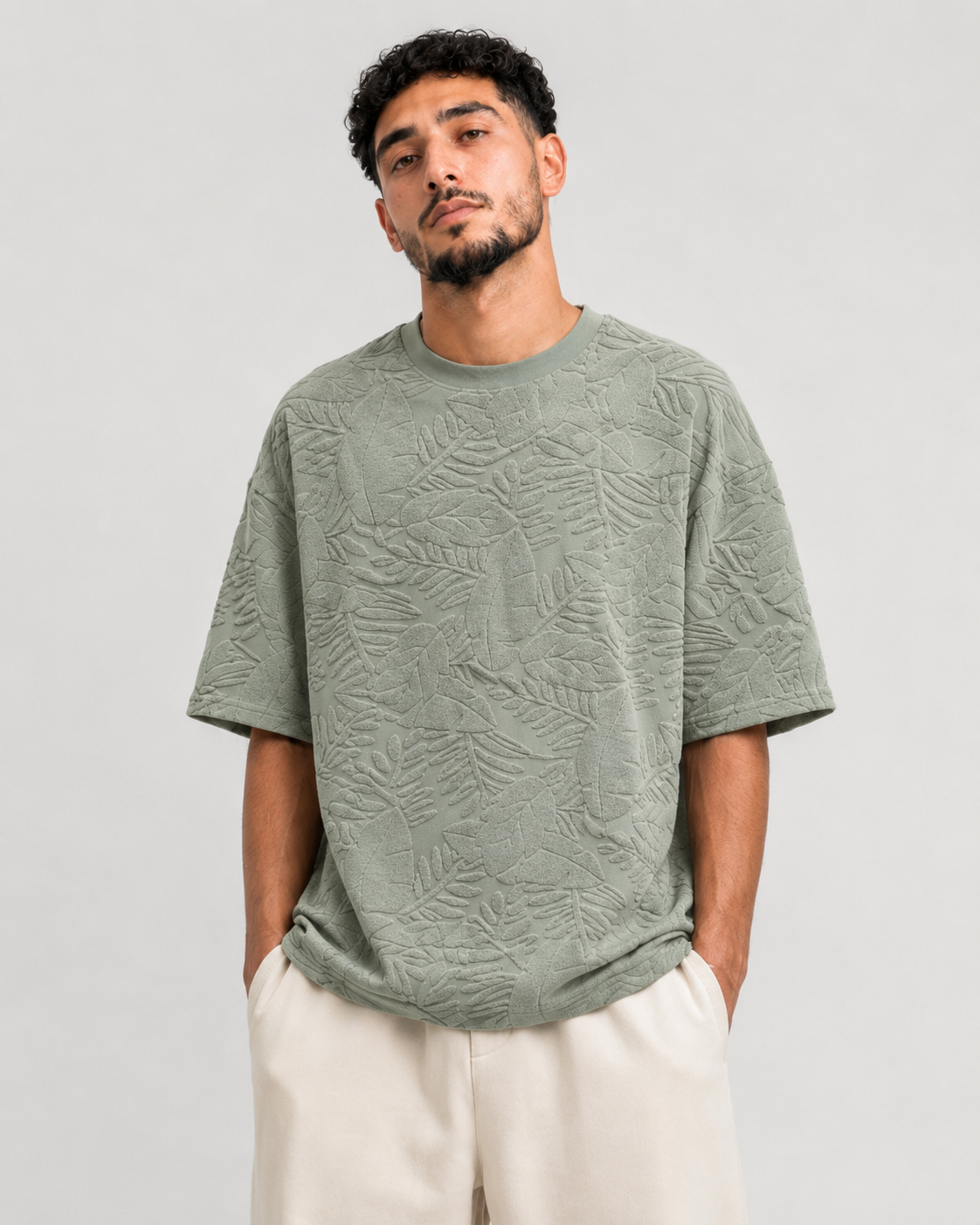 T-shirt Oversize Feuillage Relief Vert Sauge