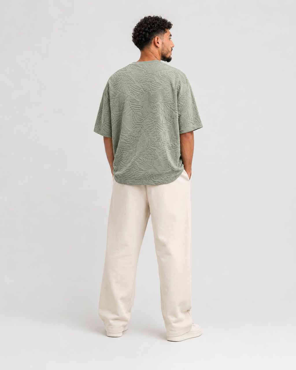 T-shirt Oversize Feuillage Relief Vert Sauge