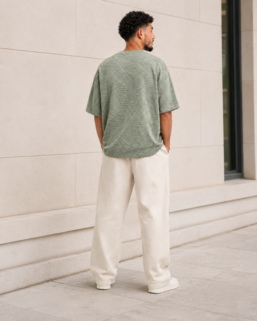 T-shirt Oversize Feuillage Relief Vert Sauge