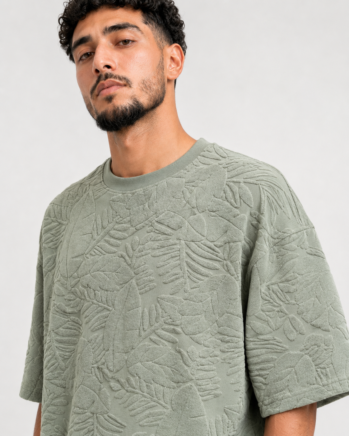 T-shirt Oversize Feuillage Relief Vert Sauge
