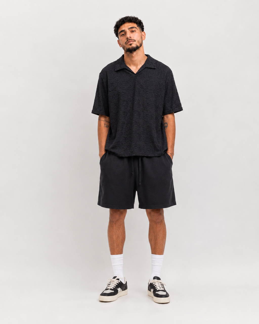 Polo Texturé Noir Col Ouvert