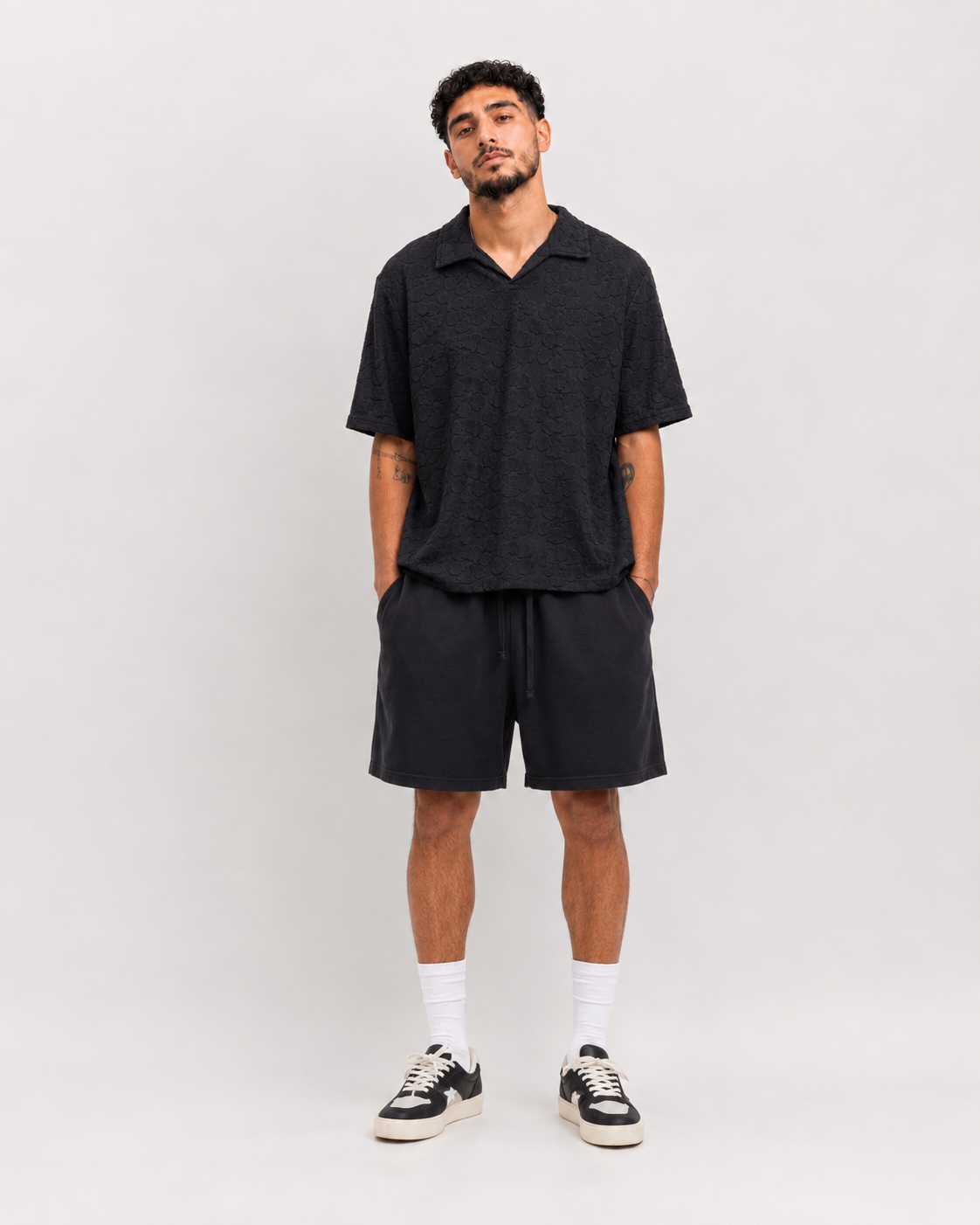 Polo Texturé Noir Col Ouvert