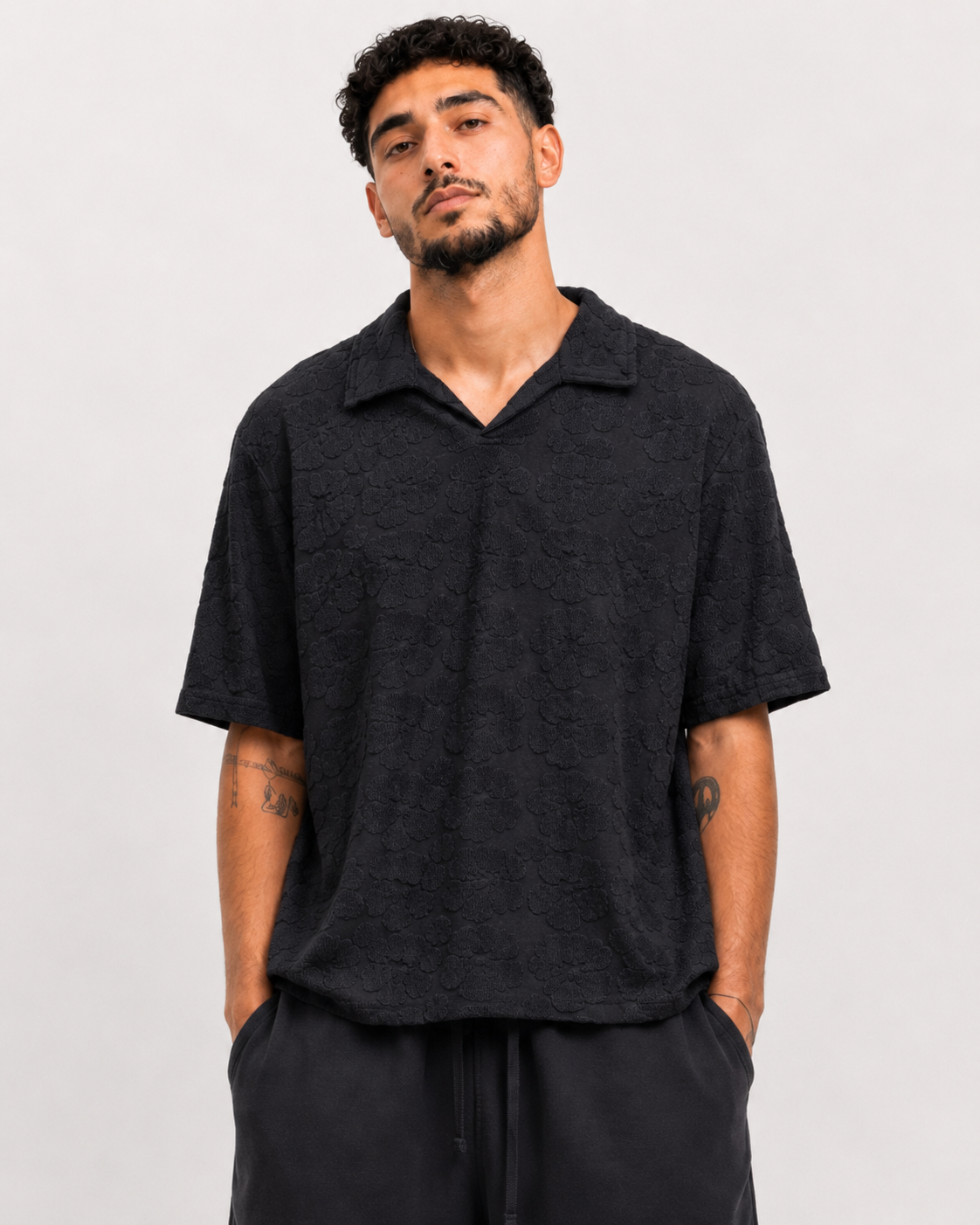 Polo Texturé Noir Col Ouvert