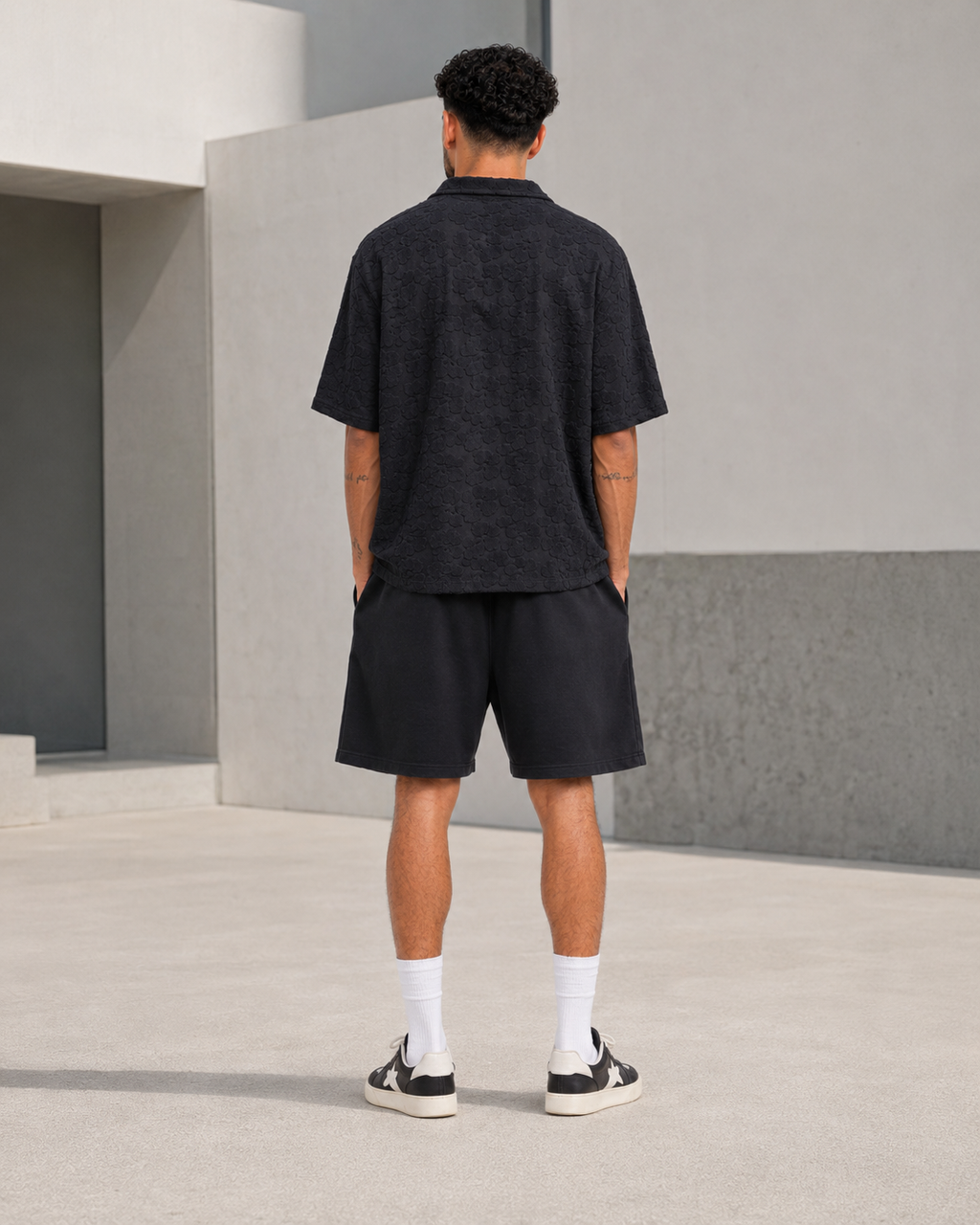 Polo Texturé Noir Col Ouvert