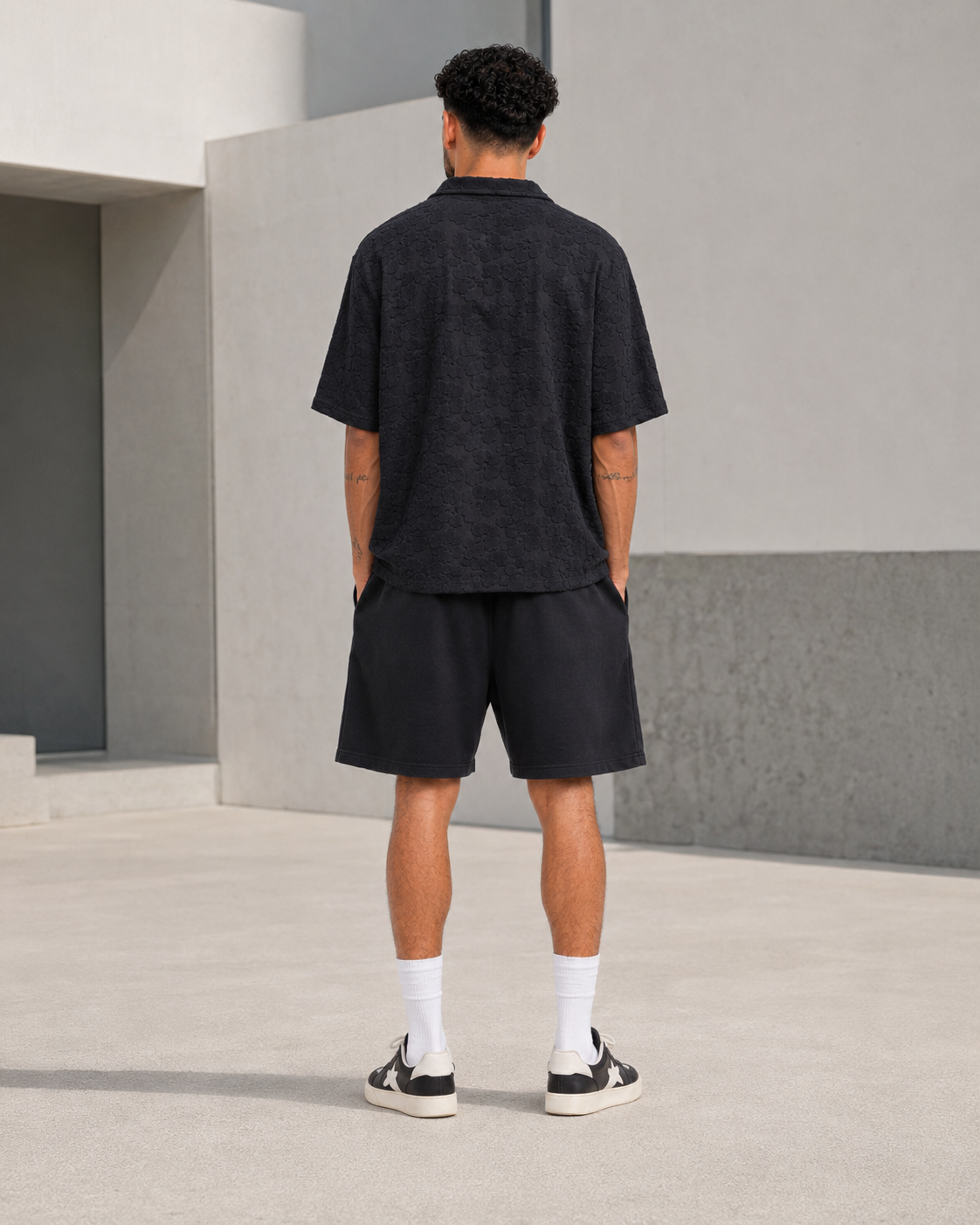 Polo Texturé Noir Col Ouvert
