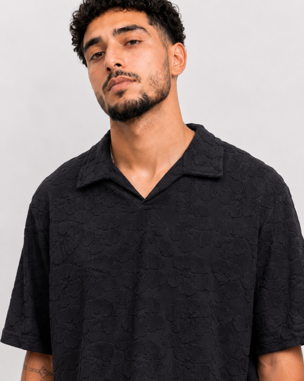 Polo Texturé Noir Col Ouvert